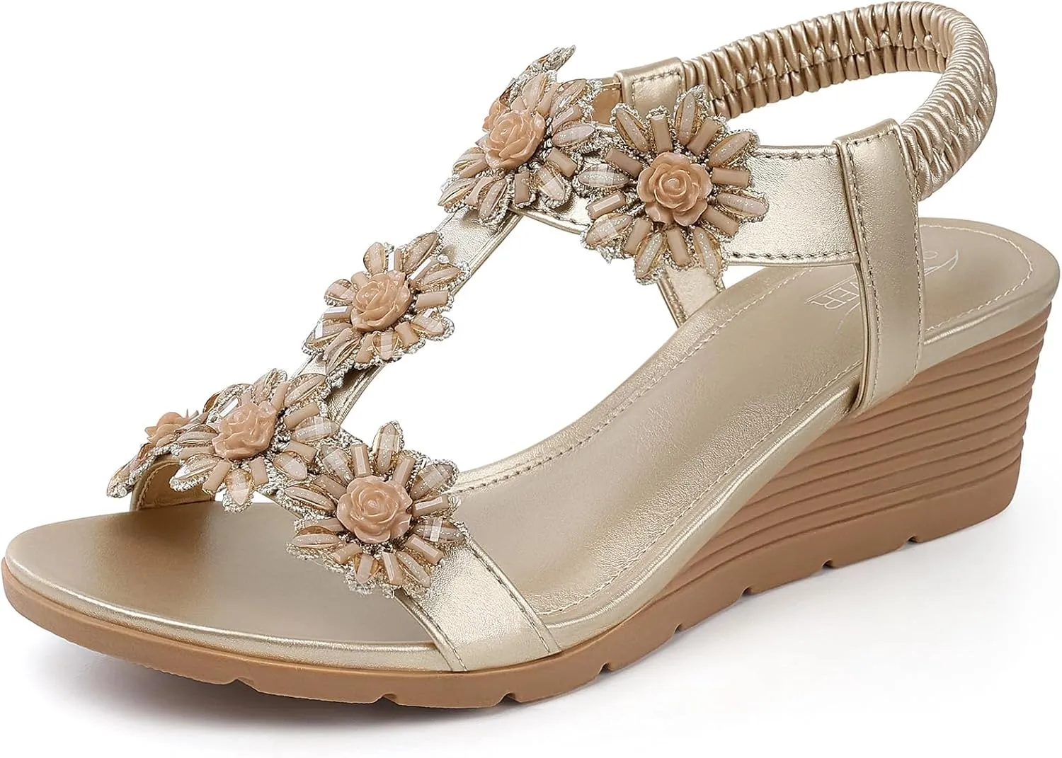 SHIBEVER Womens Sandals Wedge Flower: Open Toe Elastic Ankle Strap Wedge Sandal - Dressy Sandals Women - Comfortable Summer Bohemia