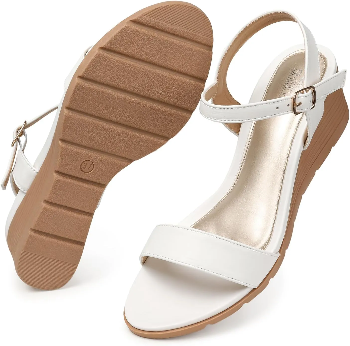 SHIBEVER Womens Sandals Wedge Low: Buckle Ankle Strap Wedge Sandal - Dressy Sandals Women - Comfortable Summer