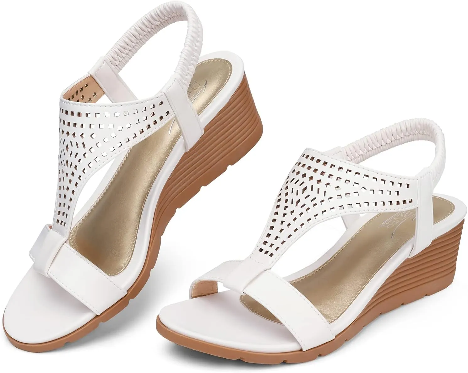 SHIBEVER Womens Sandals Wedge Low: Elastic Ankle Strap Wedge Sandals - Dressy Sandals Women - Comfortable Open Toe