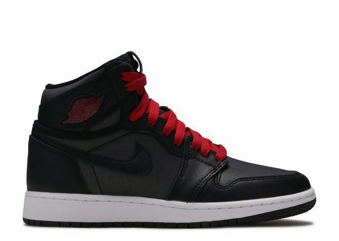 Jordan 1 Retro High Black Satin Gym Red (GS) cross - country runner