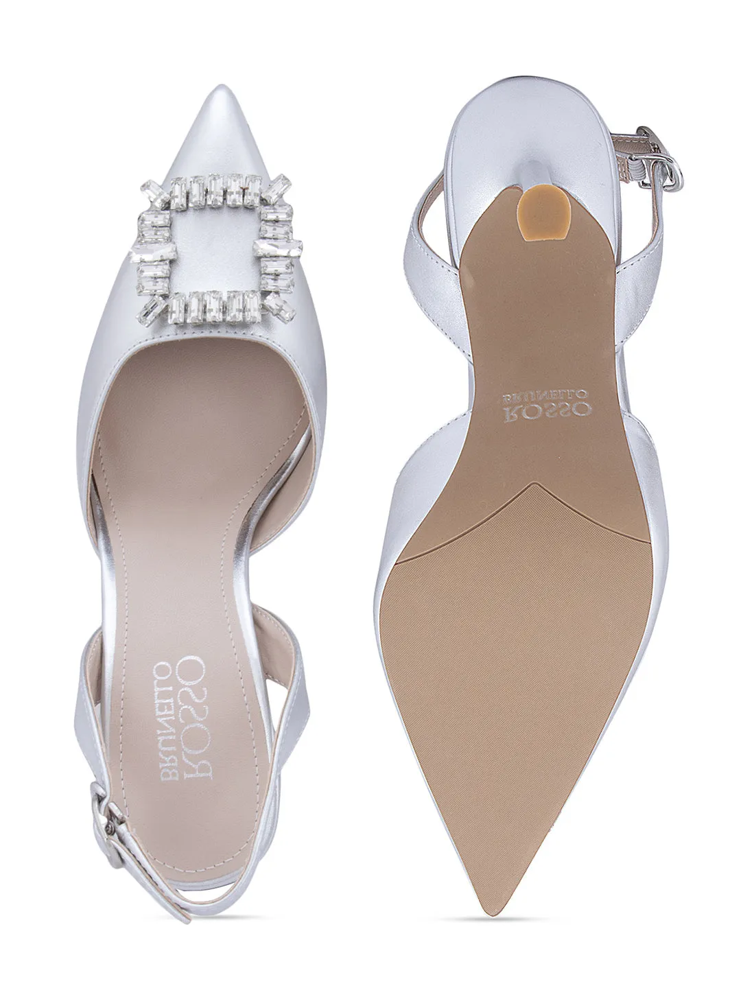 Silver Buckle Embellished Slingback Heels