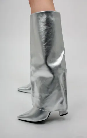 SILVER POINTED TOE KNEE HIGH FOLD OVER SHARK BOOT
