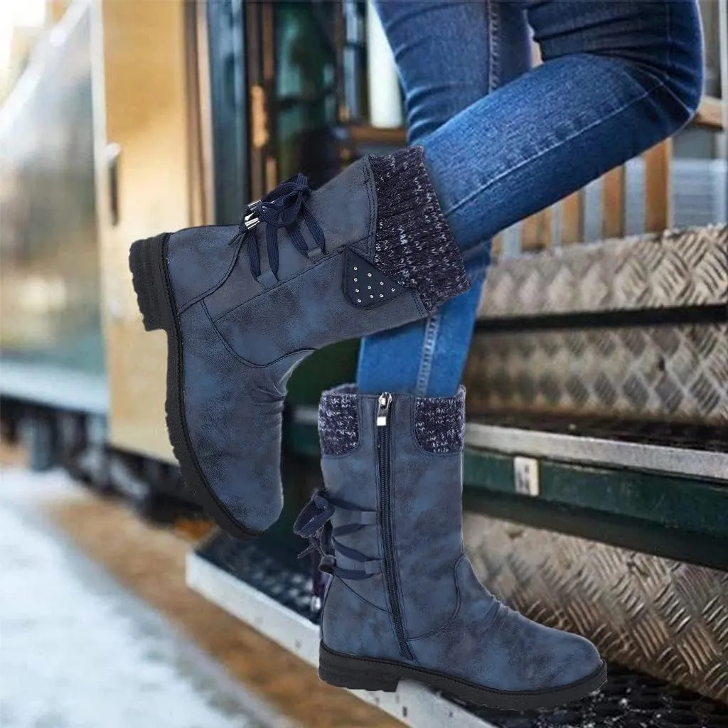 Snow Boots for Women Mid Calf Boots for Women Women Fashion Casual Vintage Retro Lace Up Thick Block Heels Shoes