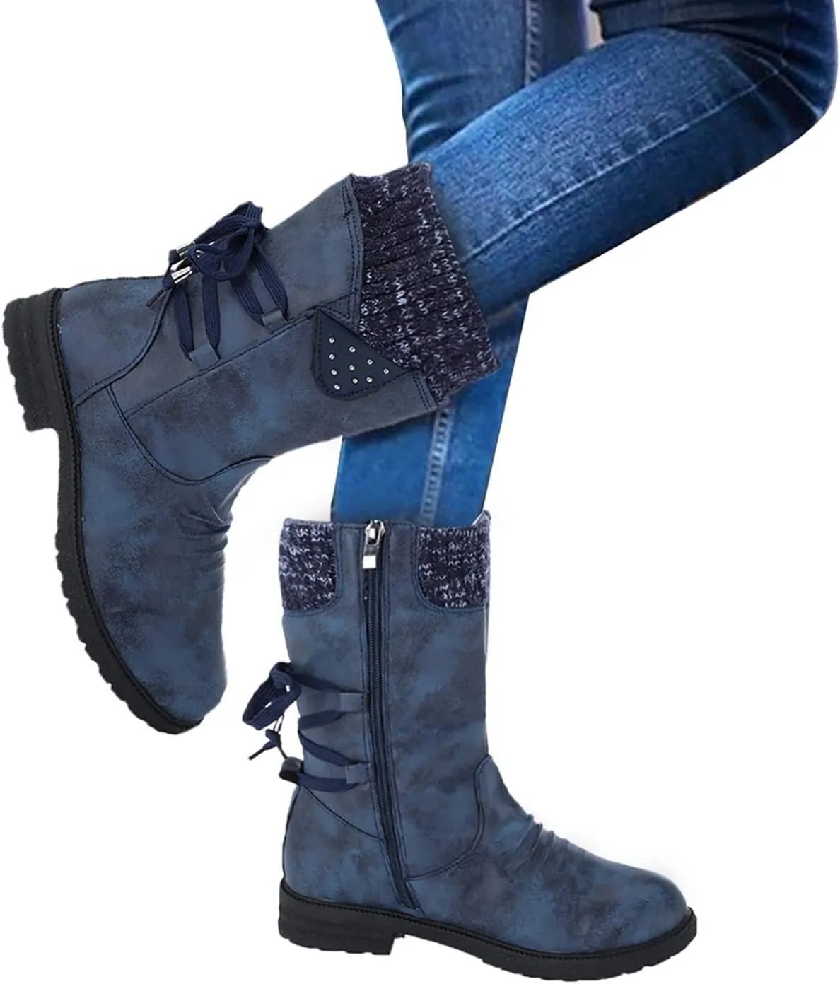 Snow Boots for Women Mid Calf Boots for Women Women Fashion Casual Vintage Retro Lace Up Thick Block Heels Shoes