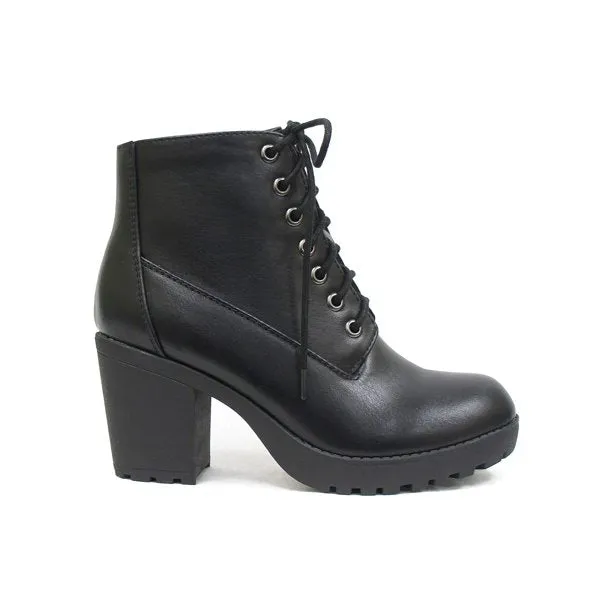Soda Second Lug Sole Chunky Heel Lace up Combat Ankle Booties Black PU