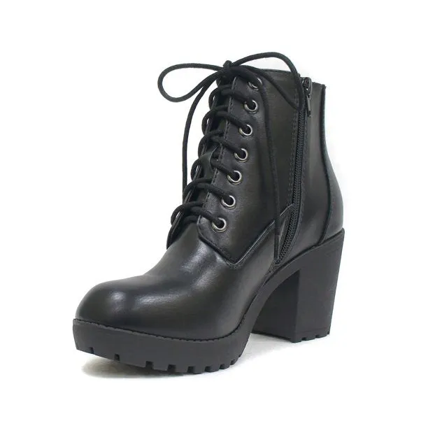 Soda Second Lug Sole Chunky Heel Lace up Combat Ankle Booties Black PU