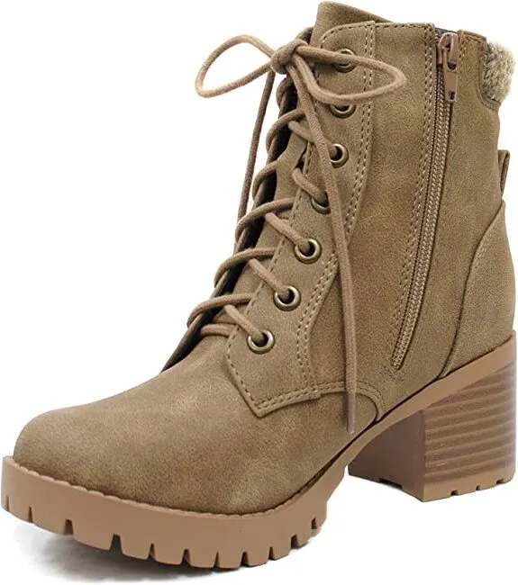 Soda Single Warm Taupe Lug Sole Chunky Heel Lace Up Platform Combat Wide Boots