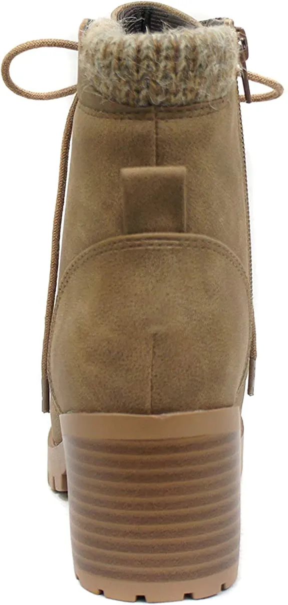 Soda Single Warm Taupe Lug Sole Chunky Heel Lace Up Platform Combat Wide Boots