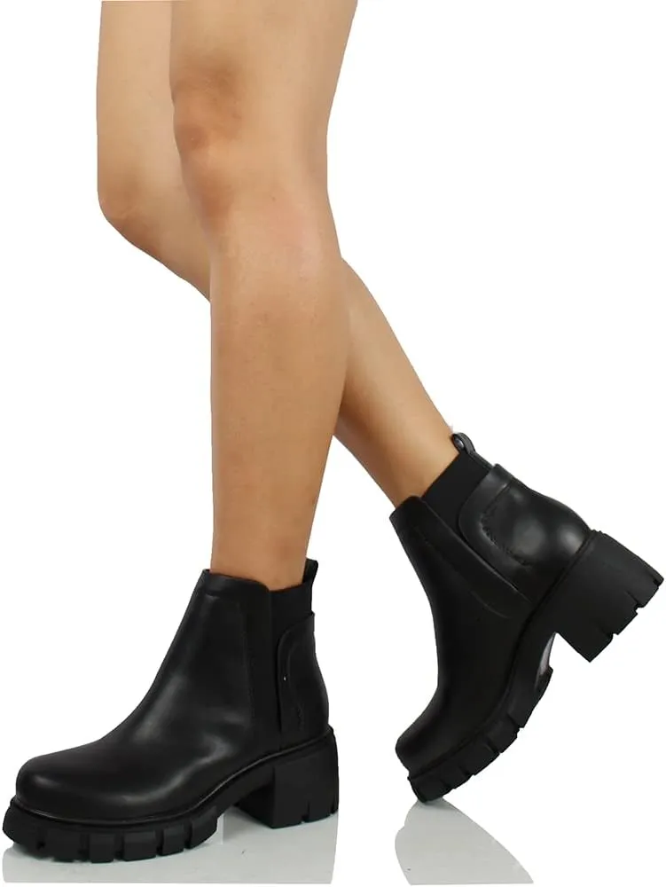 Soda Women's Faux Leather Chelsea Pull On Lug Ankle Boots