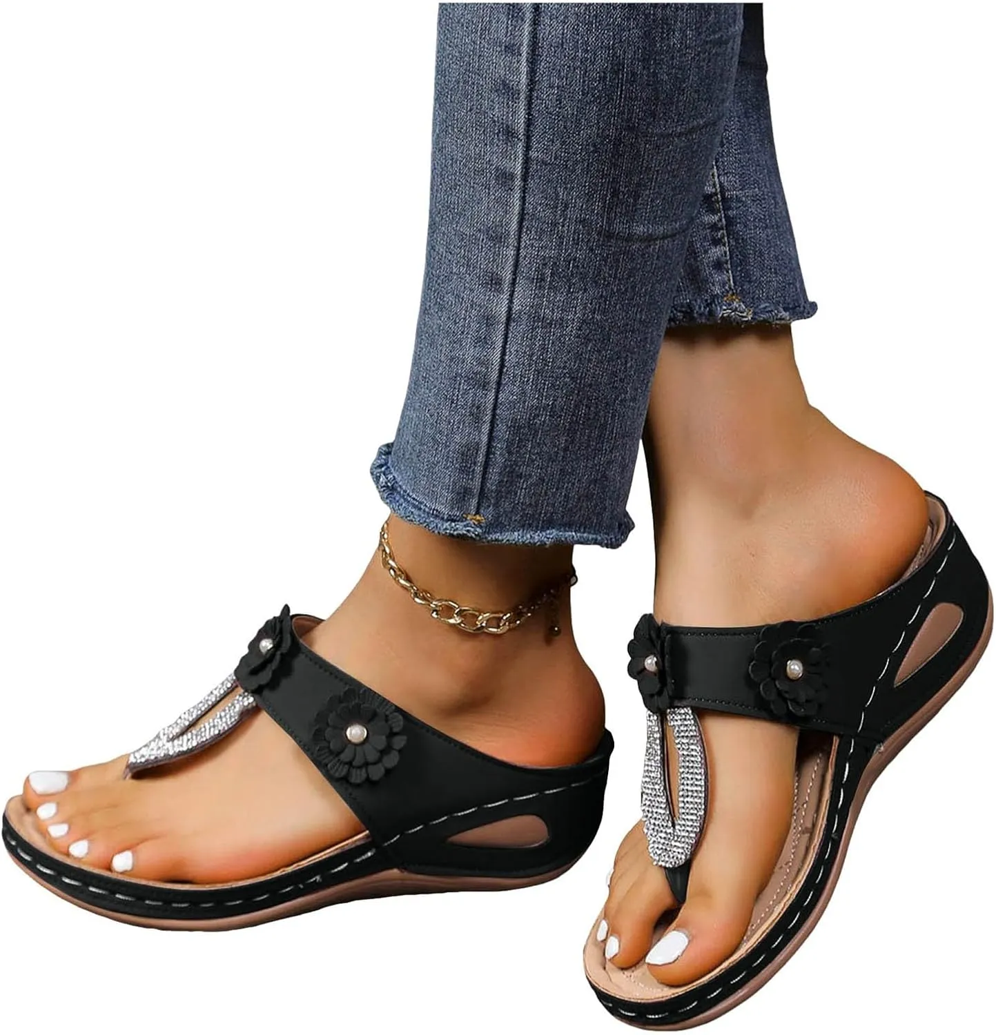 Spring And Summer Women's Thick Soled Sequined Flip Flops Wedge Heeled Fashionable Nine Shoes for Women Sandals