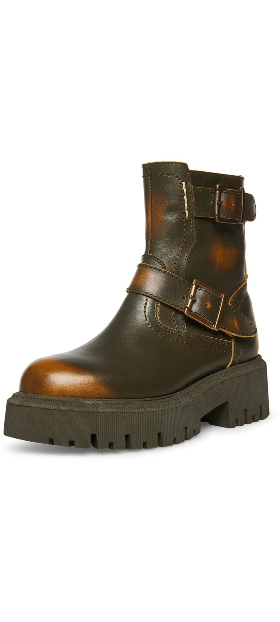 Steve Madden Excursion Brown Distressed Buckle Strap Round Toe Motorcycle Boots