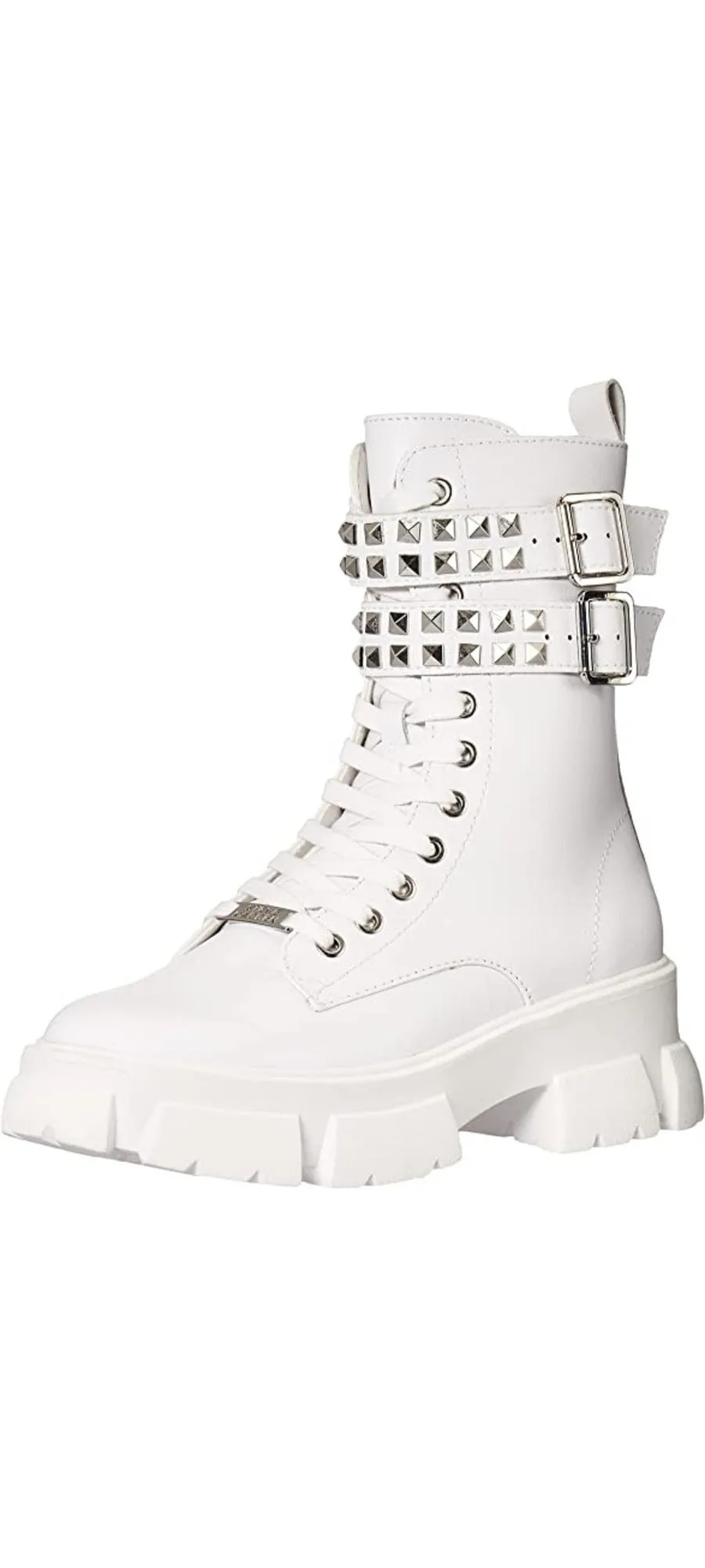 Steve Madden Tarzana White Leather Lace Up Embellished Combat Ankle Boots