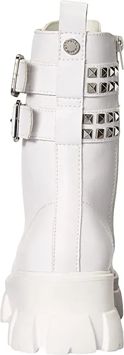 Steve Madden Tarzana White Leather Lace Up Embellished Combat Ankle Boots