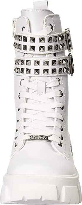 Steve Madden Tarzana White Leather Lace Up Embellished Combat Ankle Boots