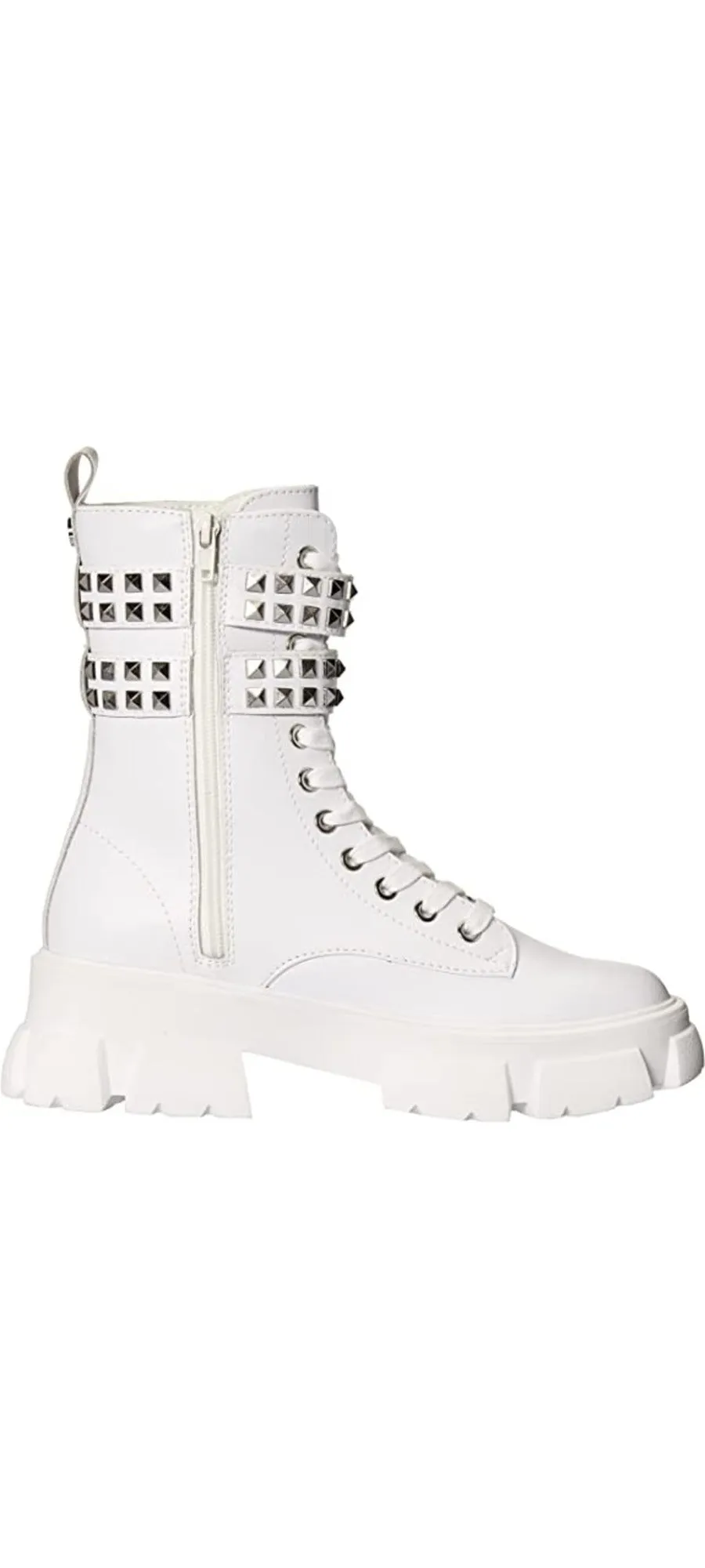 Steve Madden Tarzana White Leather Lace Up Embellished Combat Ankle Boots