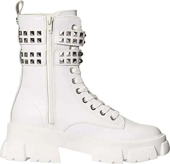 Steve Madden Tarzana White Leather Lace Up Embellished Combat Ankle Boots