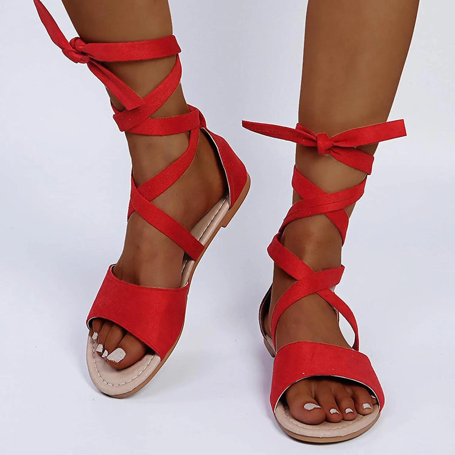 Strappy Sandals for Women Flats,Summer Casual Cross Straps Lace up Fish Mouth Open Toe Roman Sandalias Comfortable Trendy Elegant Ladies Shoes