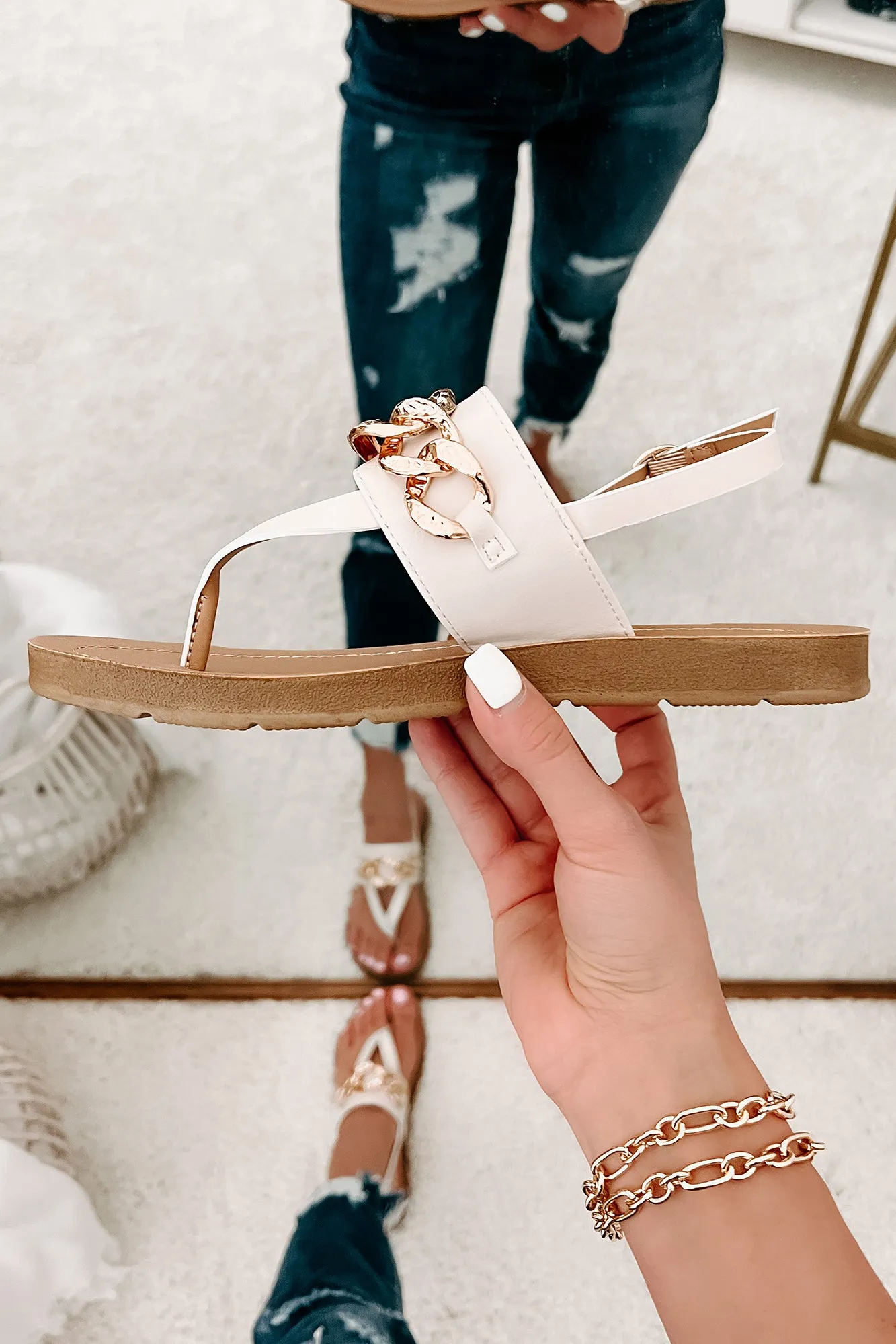 Summer Socialite Chain Embellished Thong Sandals (Cream)