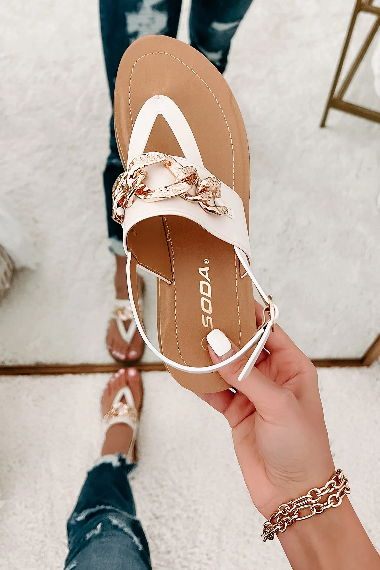 Summer Socialite Chain Embellished Thong Sandals (Cream)