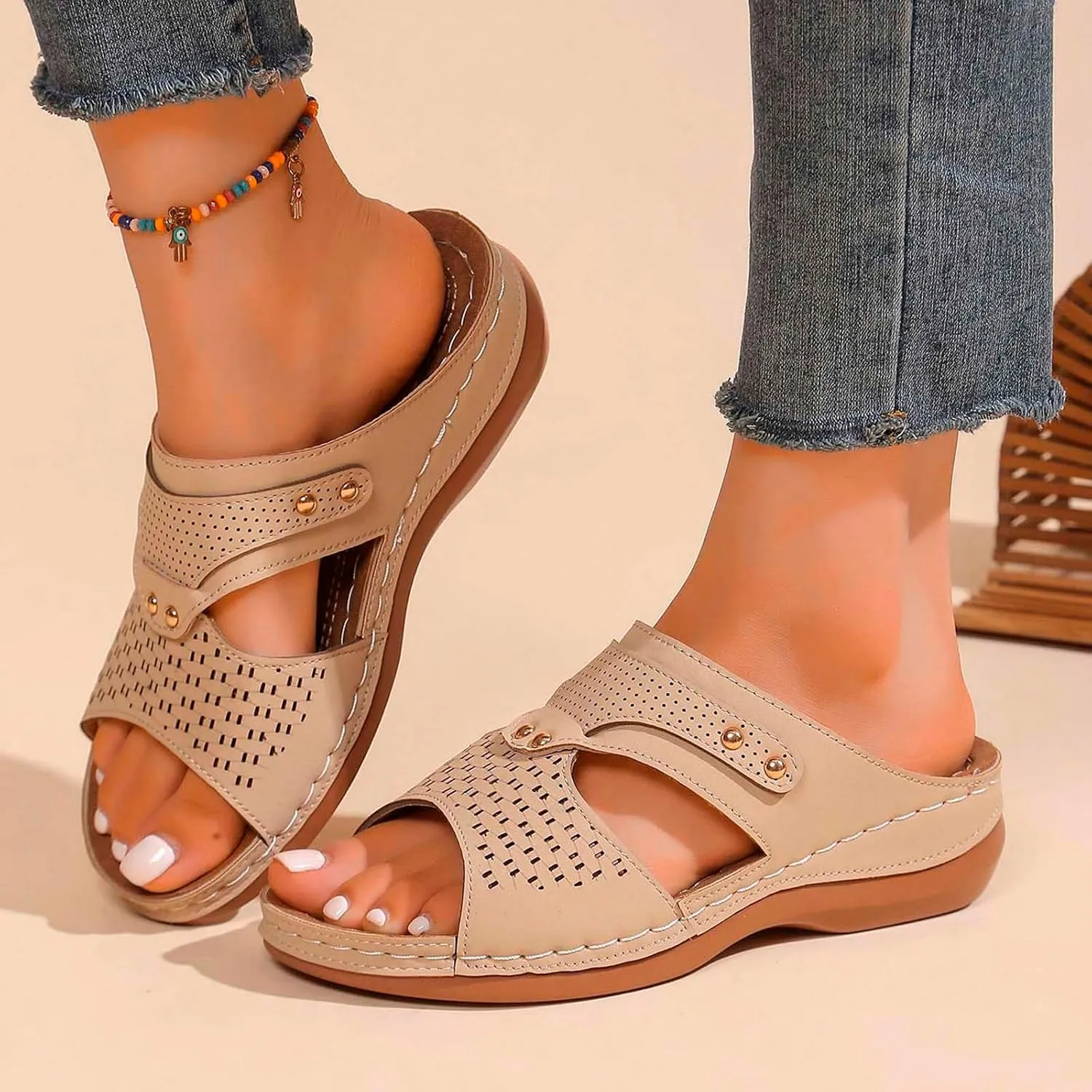 Summer Solid Slip On Casual Open Toe Wedges Comfortable Beach Shoes Sandals Slippers Lady Memory Foam Flip Flop