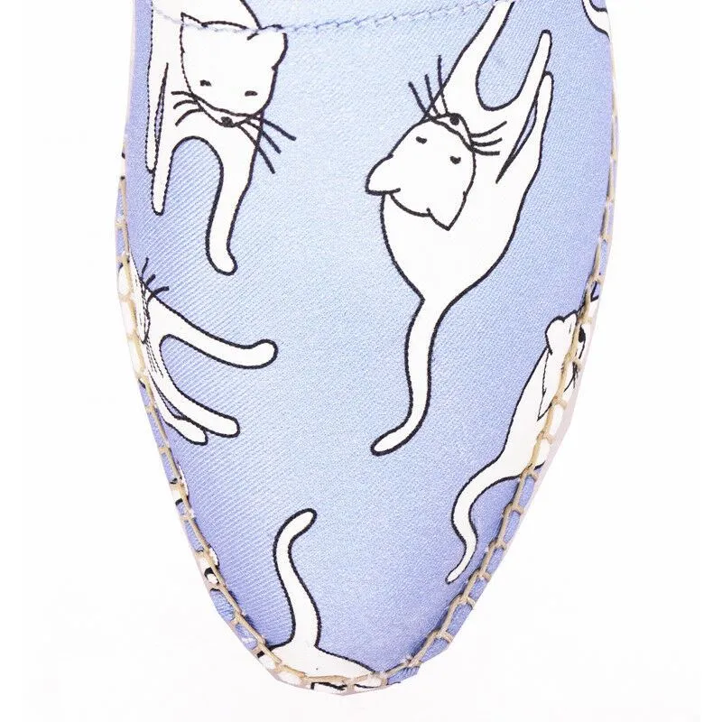 sz 37 NEW $695 MIU MIU Blue WHITE CAT PRINT Platform ESPADRILLES FLATS NIB