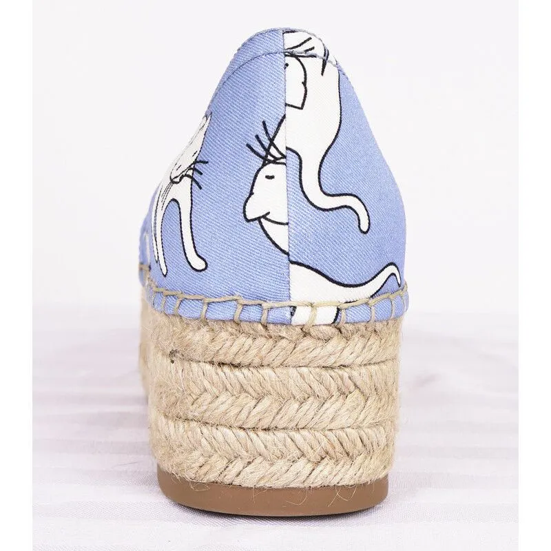 sz 37 NEW $695 MIU MIU Blue WHITE CAT PRINT Platform ESPADRILLES FLATS NIB