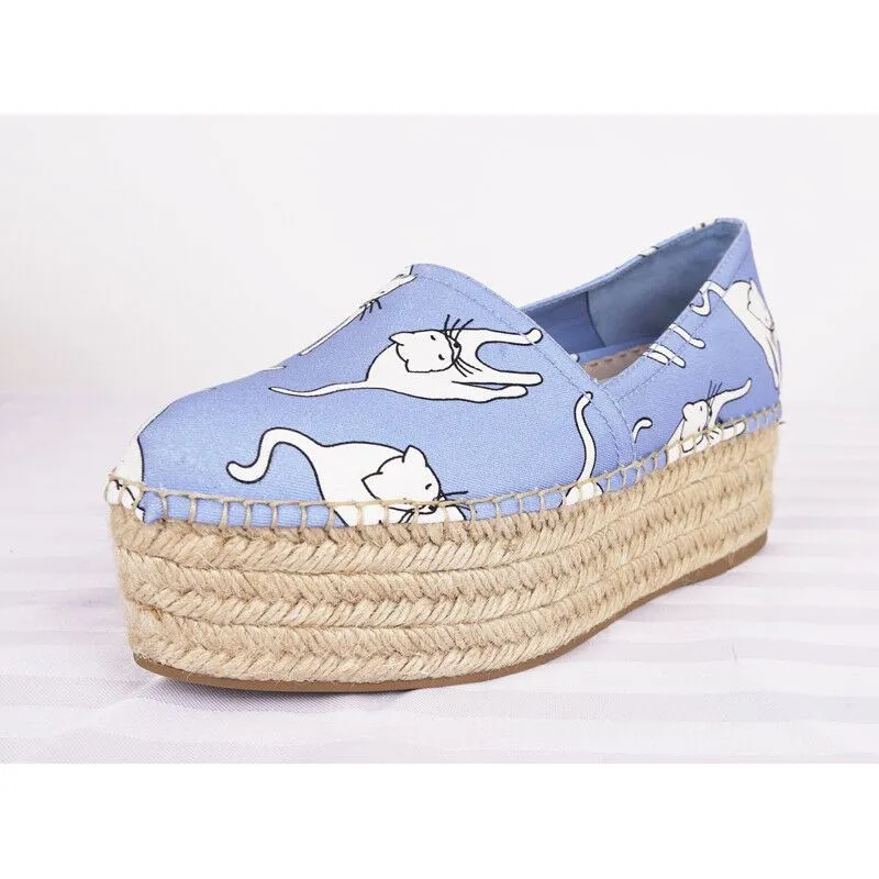 sz 37 NEW $695 MIU MIU Blue WHITE CAT PRINT Platform ESPADRILLES FLATS NIB