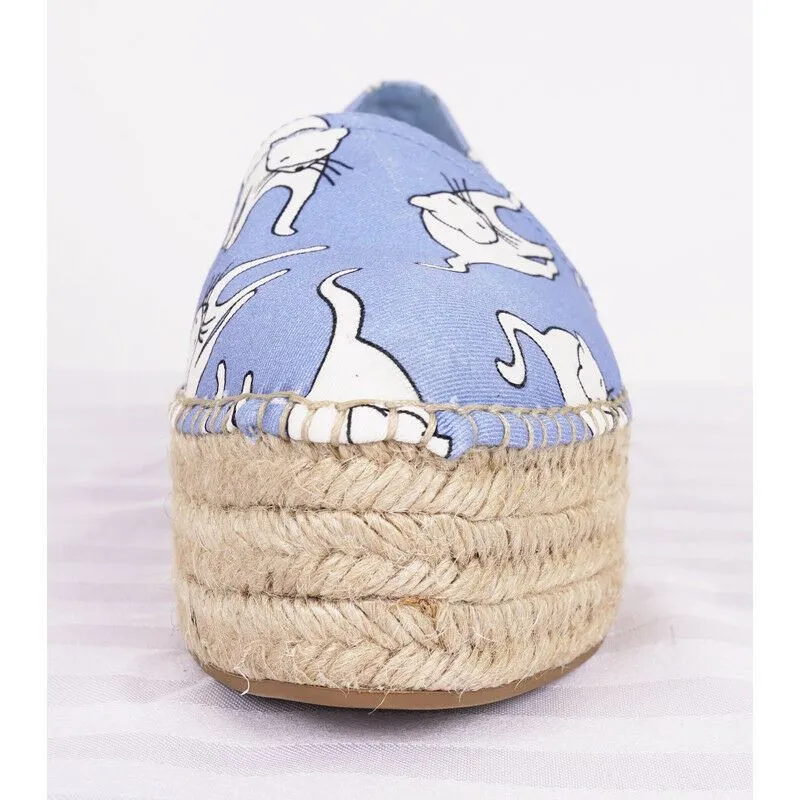 sz 37 NEW $695 MIU MIU Blue WHITE CAT PRINT Platform ESPADRILLES FLATS NIB