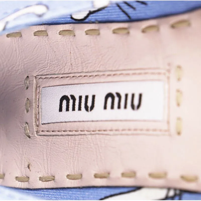 sz 37 NEW $695 MIU MIU Blue WHITE CAT PRINT Platform ESPADRILLES FLATS NIB