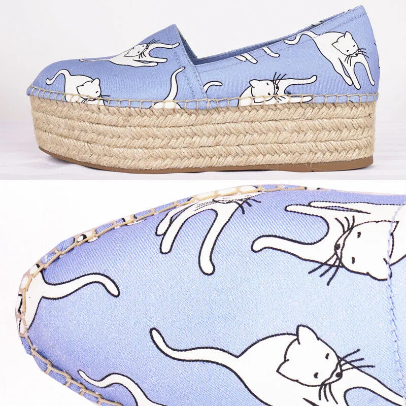 sz 37 NEW $695 MIU MIU Blue WHITE CAT PRINT Platform ESPADRILLES FLATS NIB