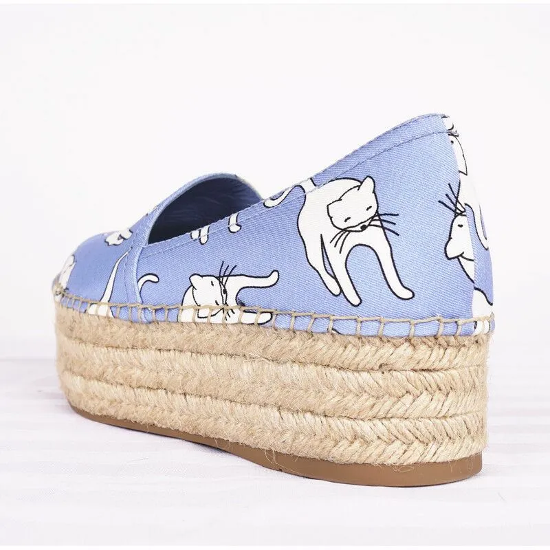 sz 37 NEW $695 MIU MIU Blue WHITE CAT PRINT Platform ESPADRILLES FLATS NIB