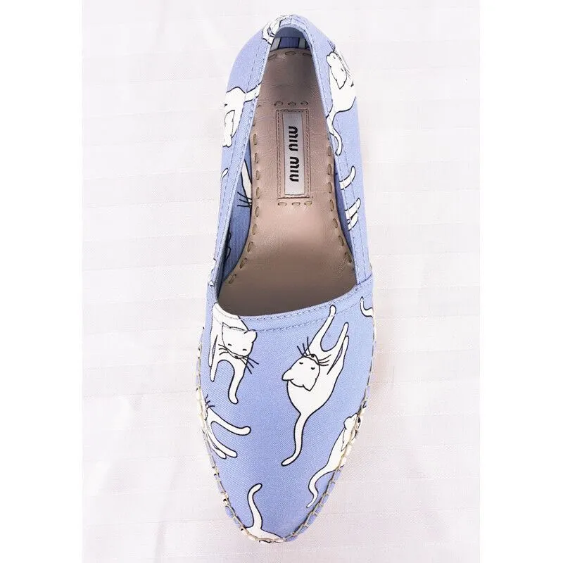 sz 37 NEW $695 MIU MIU Blue WHITE CAT PRINT Platform ESPADRILLES FLATS NIB