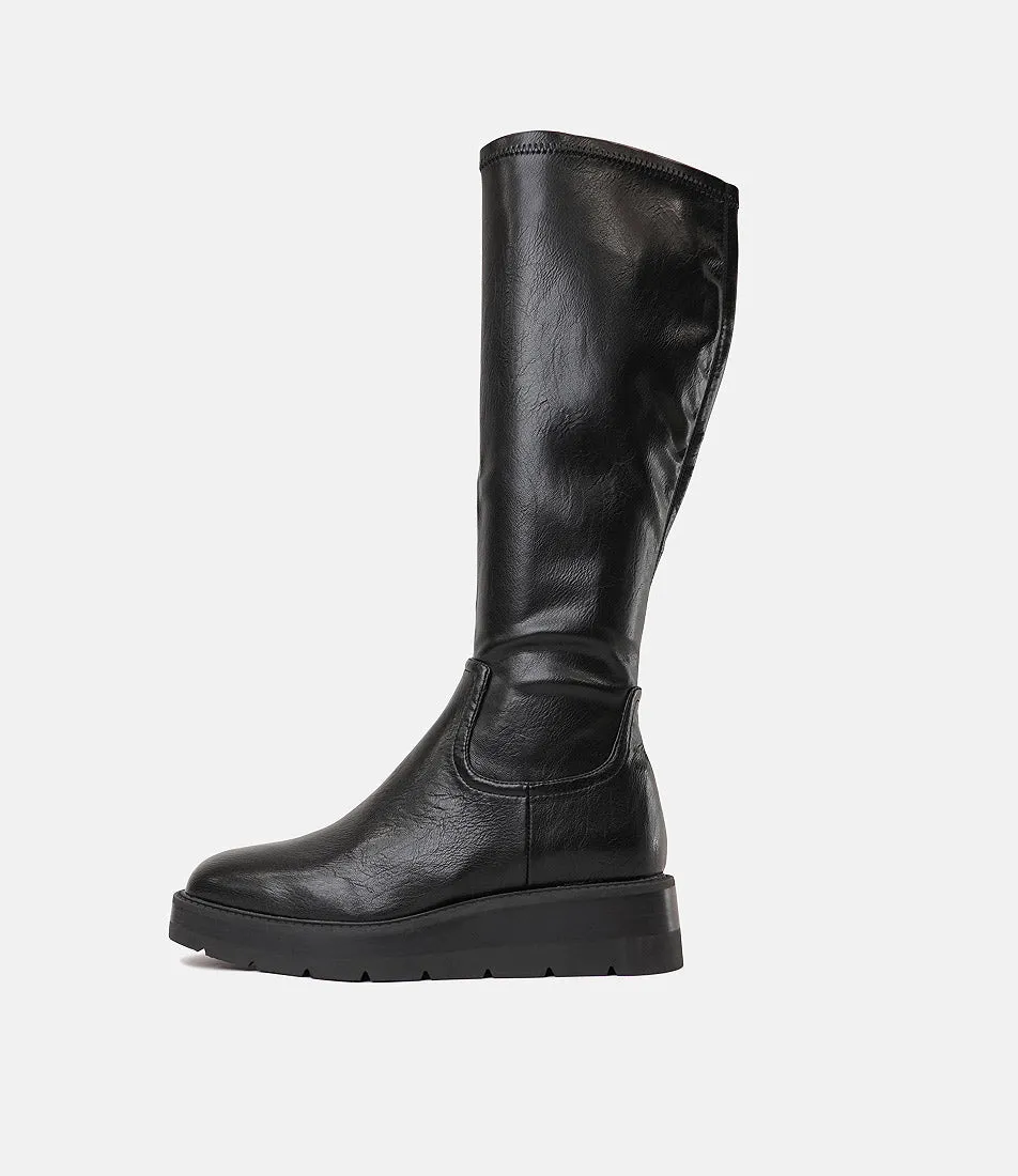 Talker Black Stretch Smooth Leather Knee High Boots