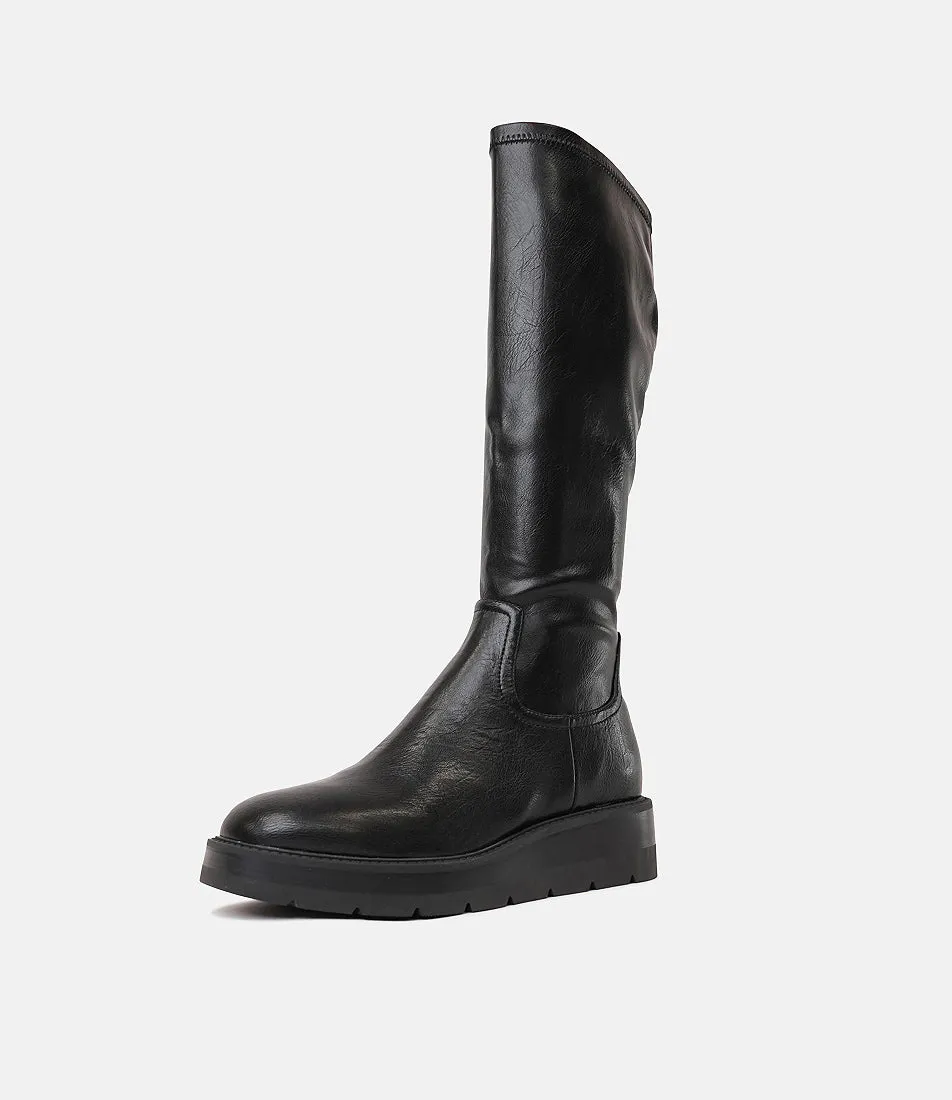Talker Black Stretch Smooth Leather Knee High Boots