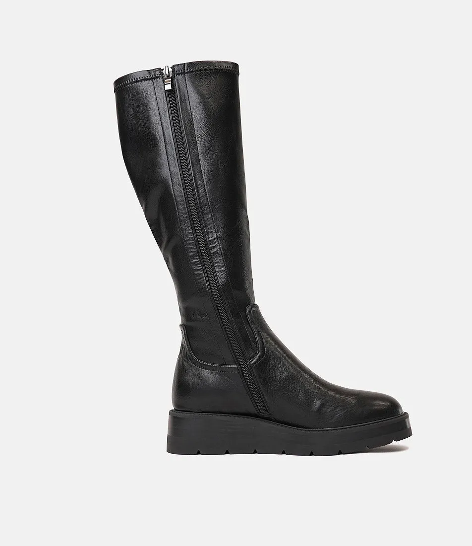 Talker Black Stretch Smooth Leather Knee High Boots