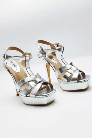Tani High Platform T-Bar Sandals in Silver
