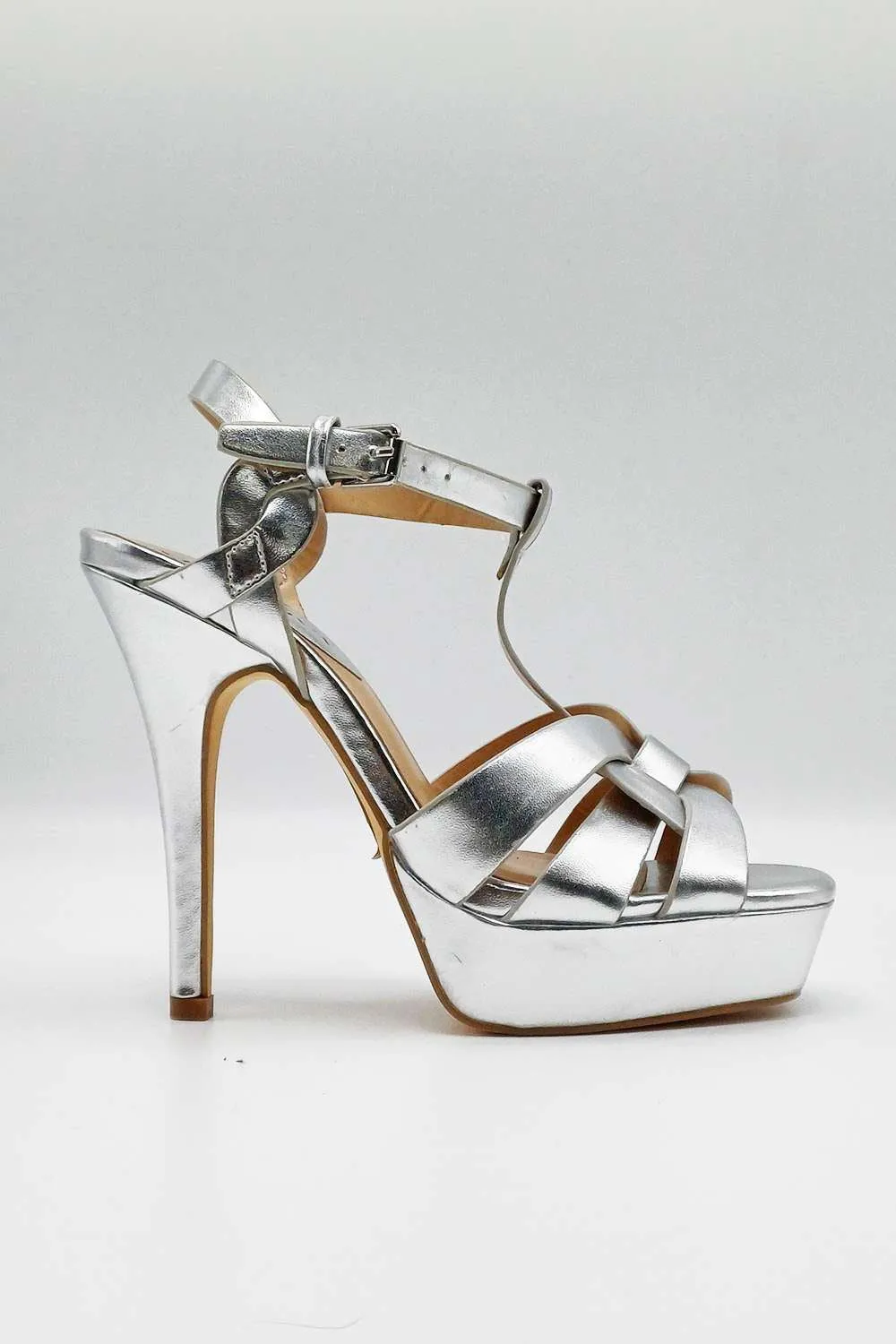 Tani High Platform T-Bar Sandals in Silver