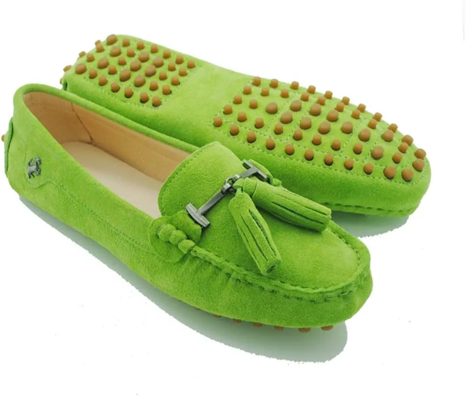 TDA Womens Casual Comfort Slip-on Metal Button Tassel Suede Leather Driving Walking Trail Running Loafers Boat Shoes Multi Colored