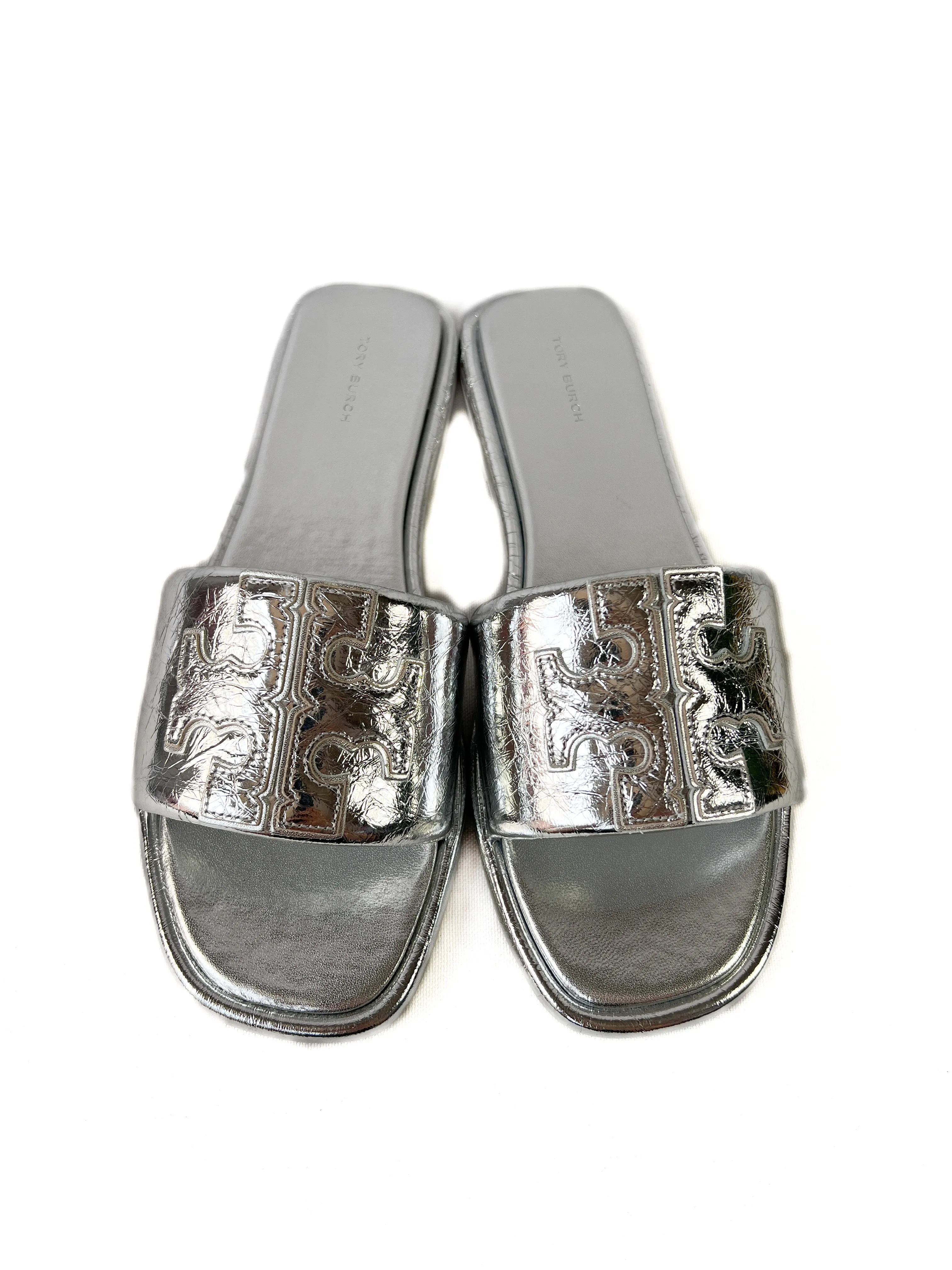 Tory Burch silver metallic leather Double T sport slides size 10.5 NEW