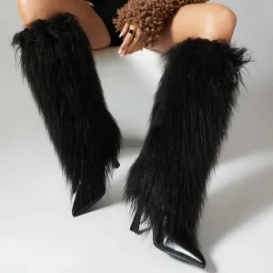 Trend4us Women's Faux Fur Stiletto Fluffy Knee-High Boots