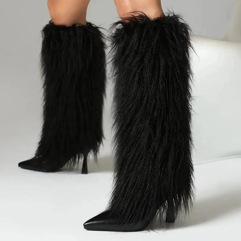 Trend4us Women's Faux Fur Stiletto Fluffy Knee-High Boots