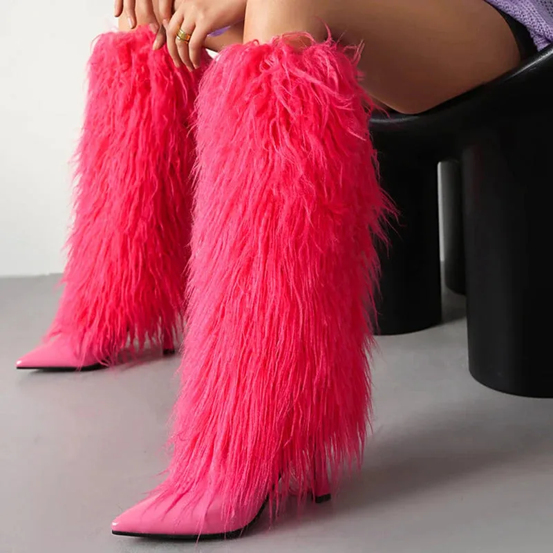 Trend4us Women's Faux Fur Stiletto Fluffy Knee-High Boots