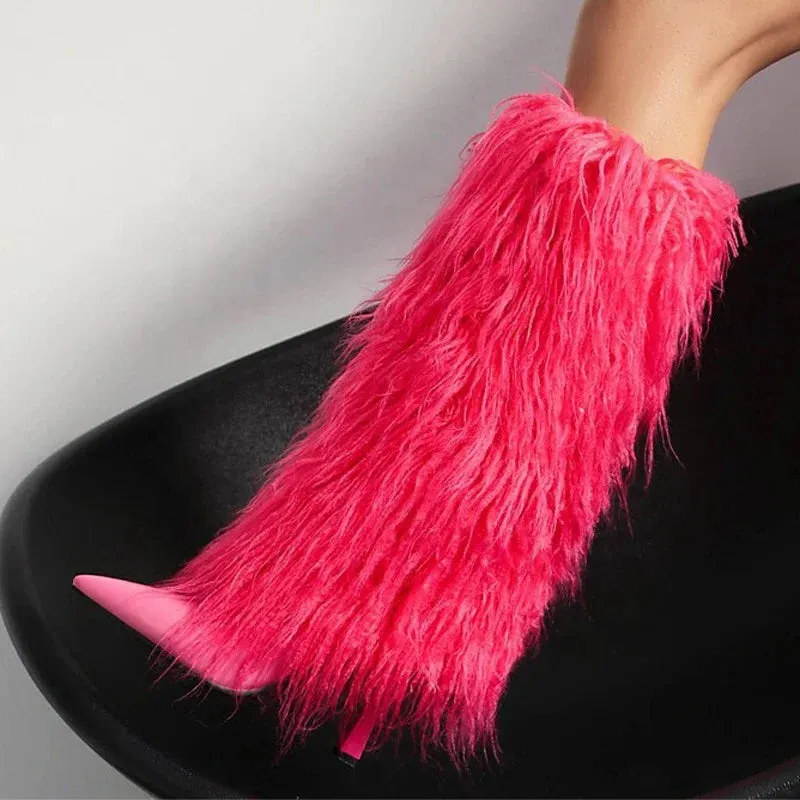 Trend4us Women's Faux Fur Stiletto Fluffy Knee-High Boots