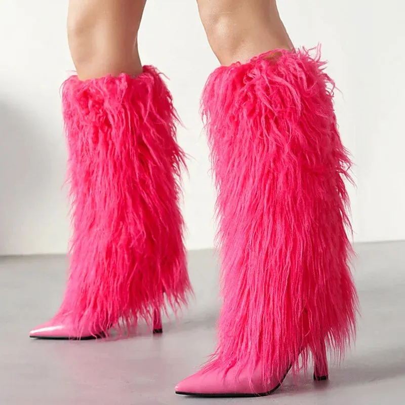 Trend4us Women's Faux Fur Stiletto Fluffy Knee-High Boots