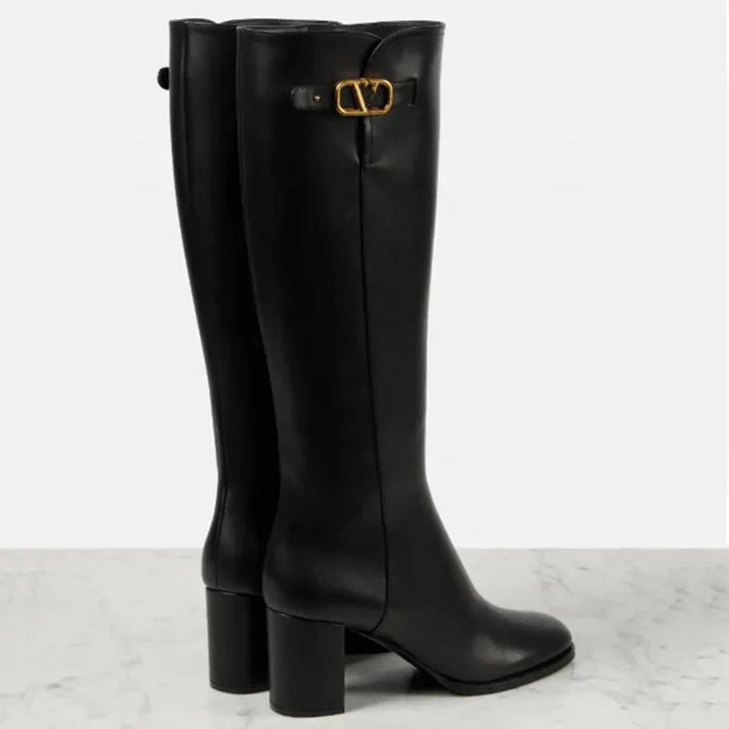 Trend4us Women's Luxury Buckled Leather Knee-High Boots