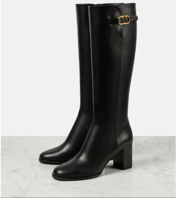 Trend4us Women's Luxury Buckled Leather Knee-High Boots