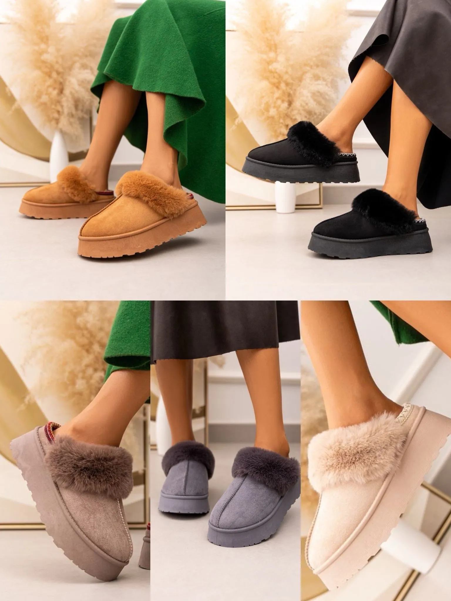 ULTRA MINI PLATFORM FLUFFY FURR ANKLE SLIPPERS IN GREY