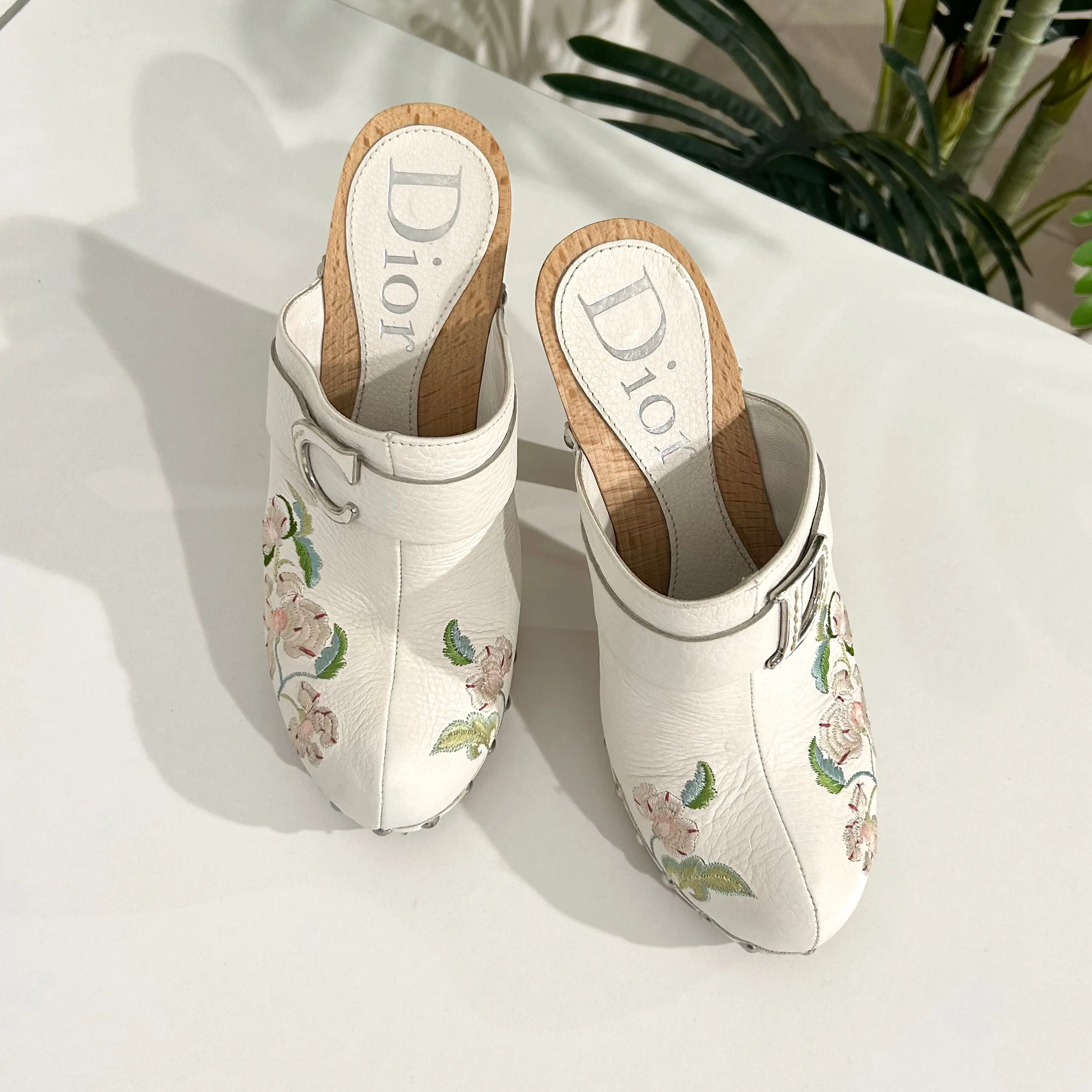 Vintage Christian Dior White Floral Clogs