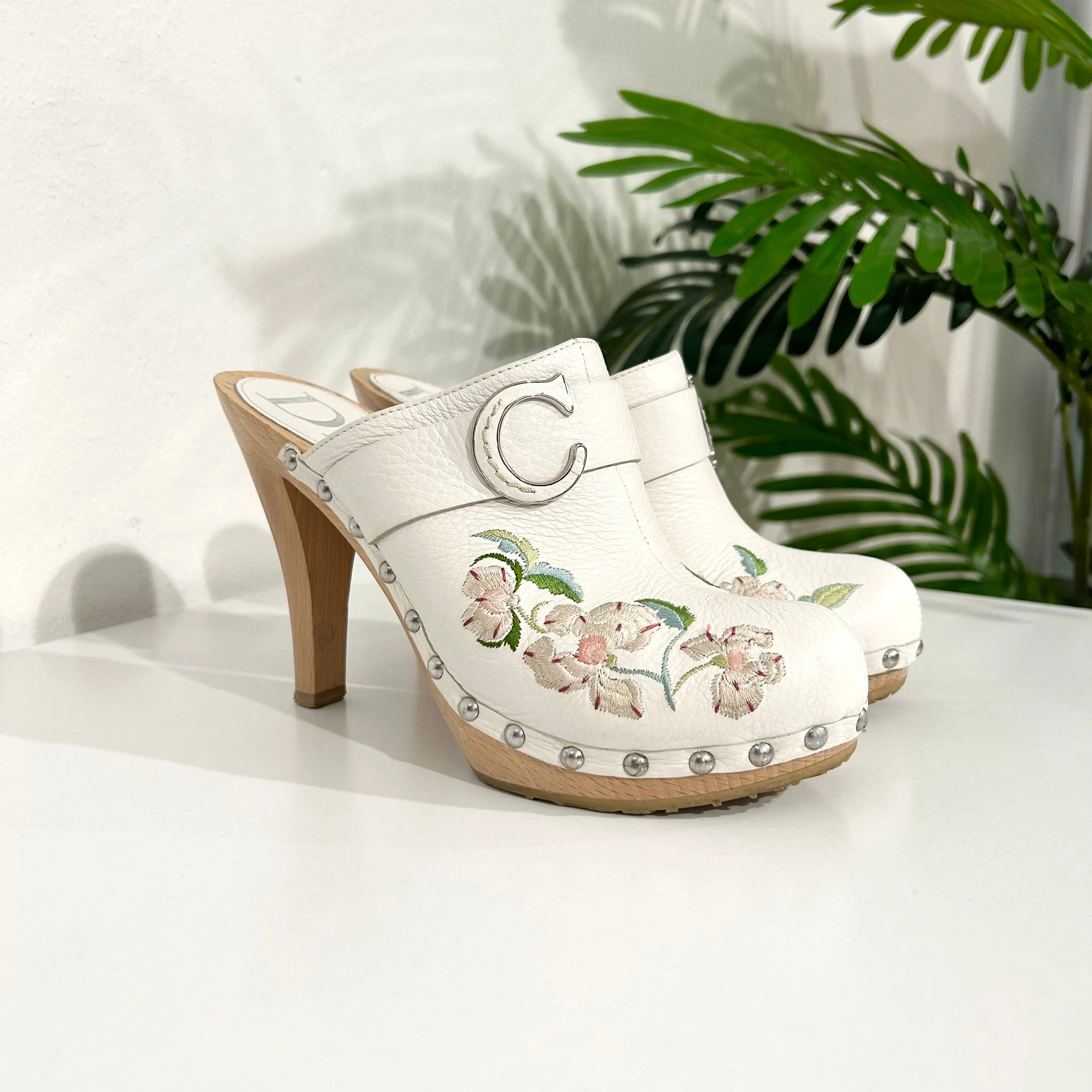 Vintage Christian Dior White Floral Clogs