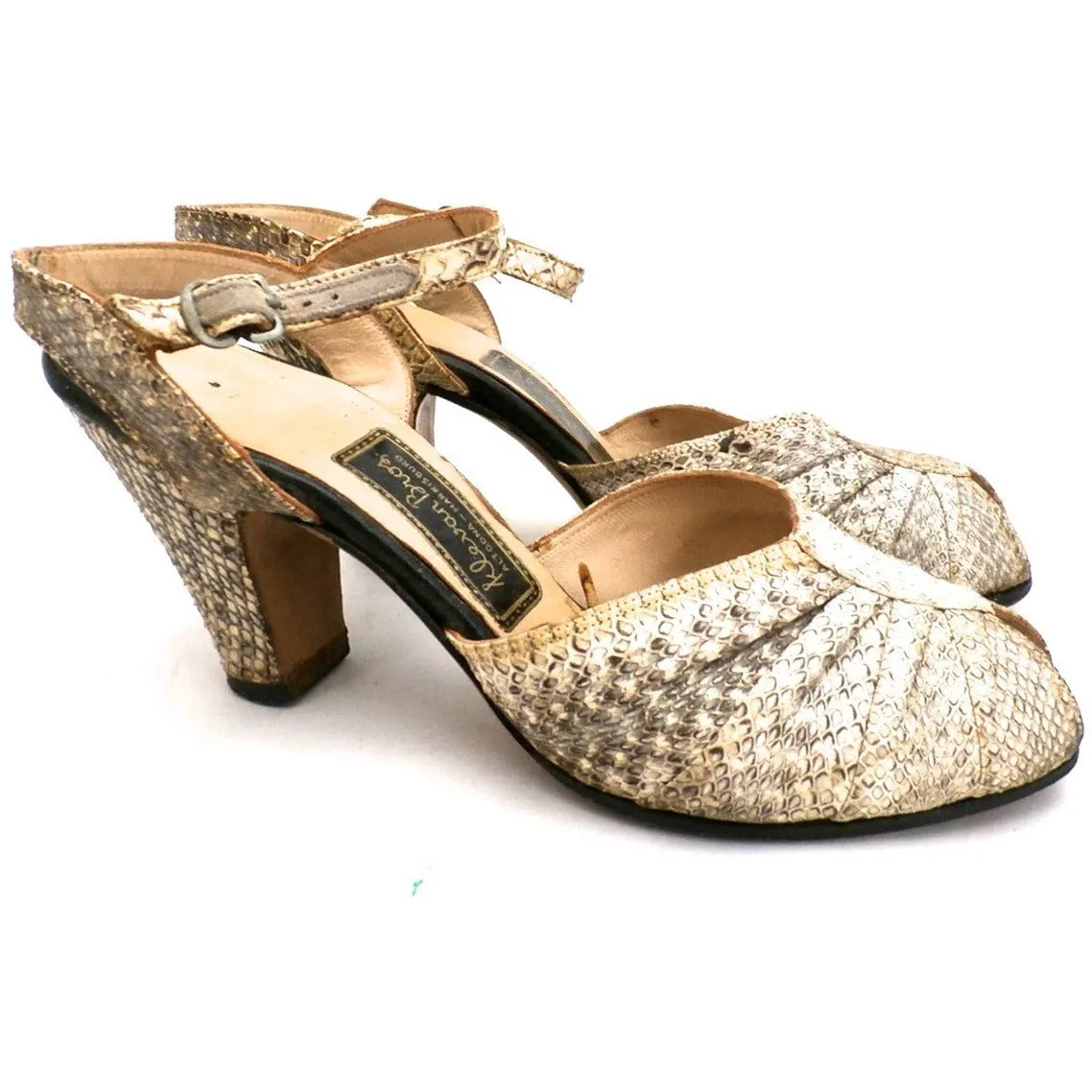 VTG Shoes High-Heel Peep Toe Sandals Klevan Bros Lizard Size Womens 6 M 1940S